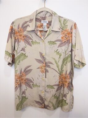 LizGolf Liz Claiborne 100% Silk Tropical Floral Camp Shirt Size M Resortcore